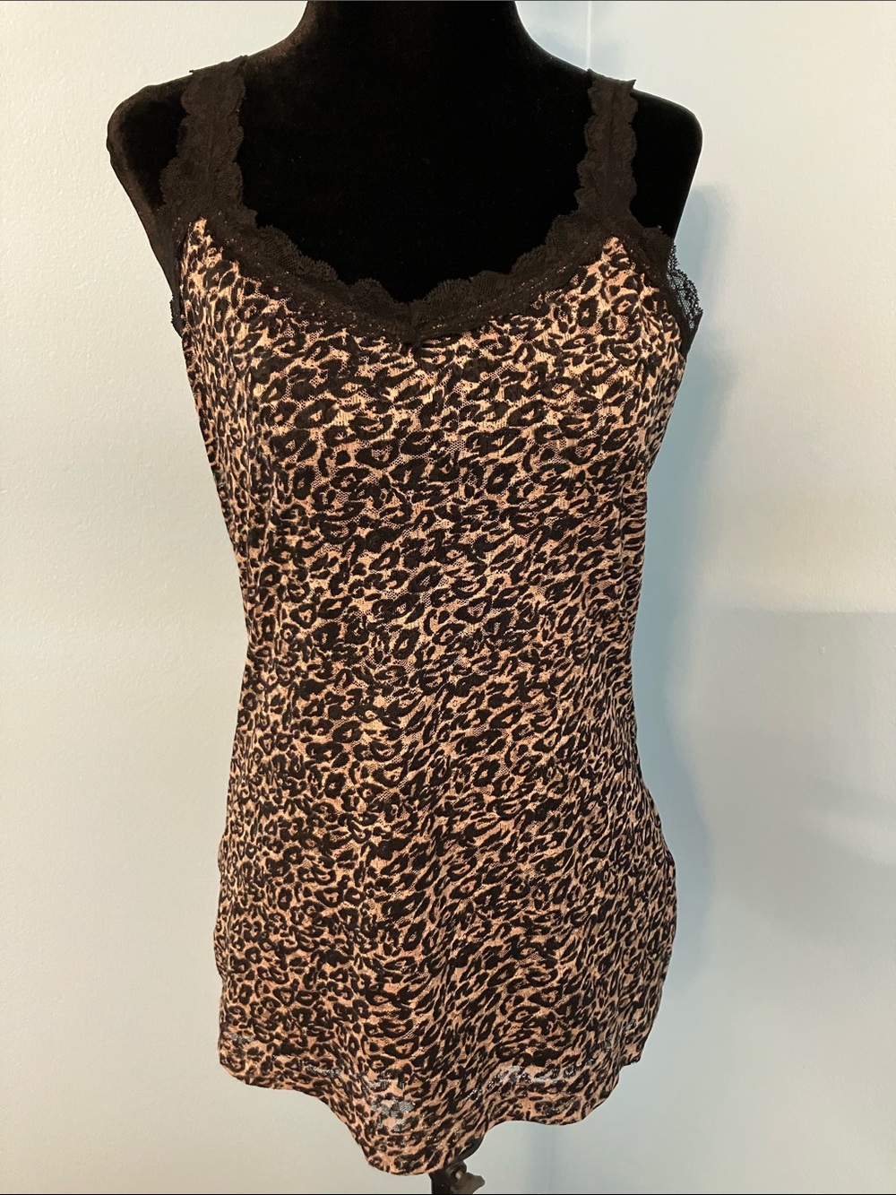 White House Black Market Black and Tan Leopard Lace-Trim Camisole